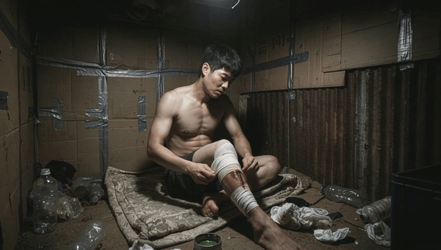 Man bandaging his injured leg in a dim room