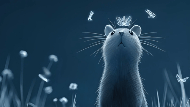 Curious cat observing glowing butterflies