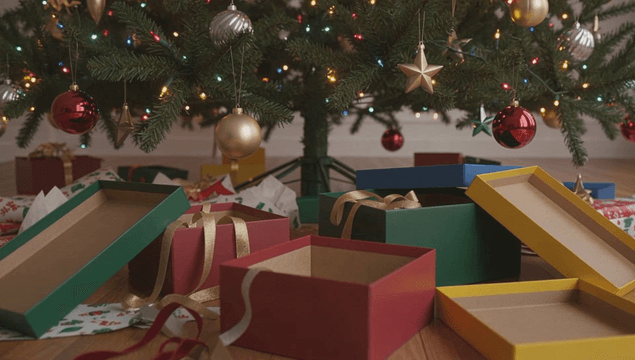 열린 선물 상자와 크리스마스 트리