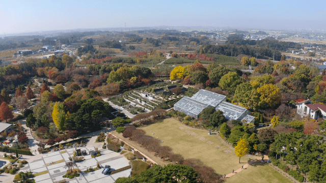 A scenic garden with autumn foliage
