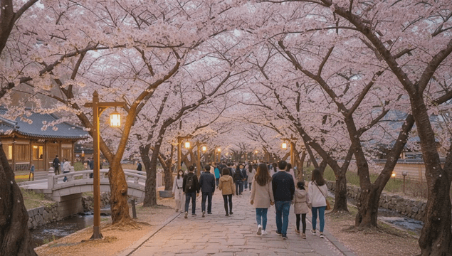 People walking along a cherry blossom path under evening light in a hanok village