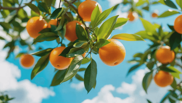 Ripe oranges hanging on a tree branch