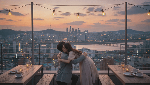 Romantic proposal on rooftop at sunset