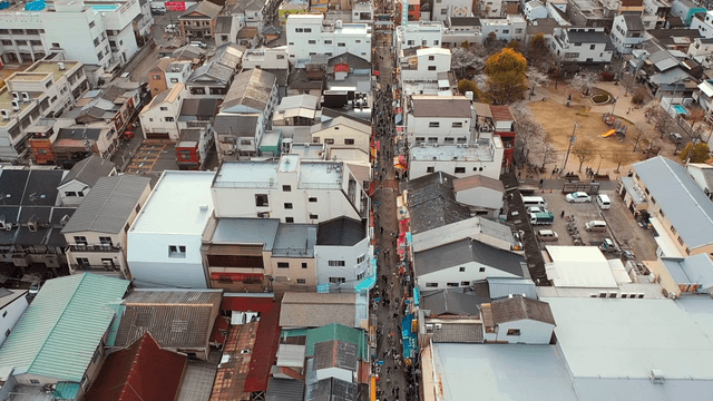 Aerial view of a bustling Japanese cityscape