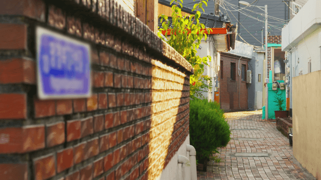 Quiet alley with brick walls and plants