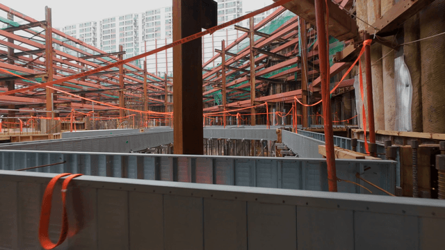 A construction site with metal beams