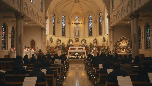 Christmas decorated cathedral mass ceremony