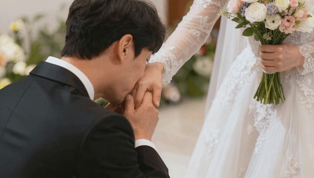Groom gently kissing bride hand