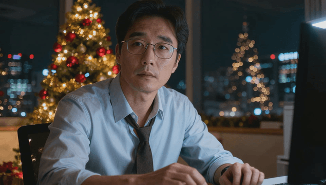 Man working late at night during Christmas