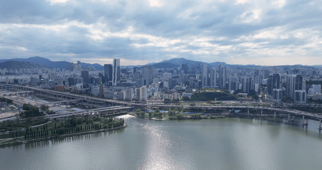 Vibrant cityscape overlooking river