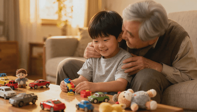 Grandfather and grandson playing with toys