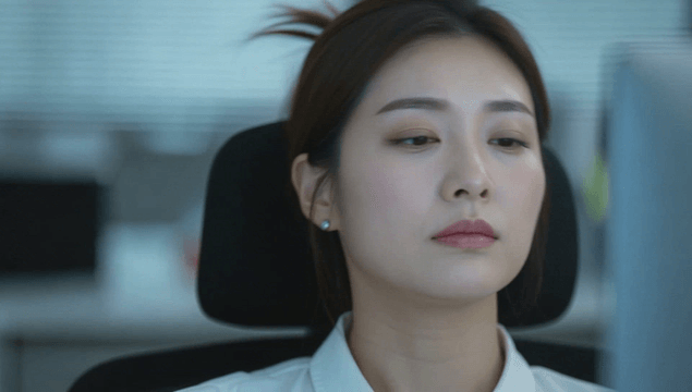 Tired office worker with drooping eyelids sitting on an office chair