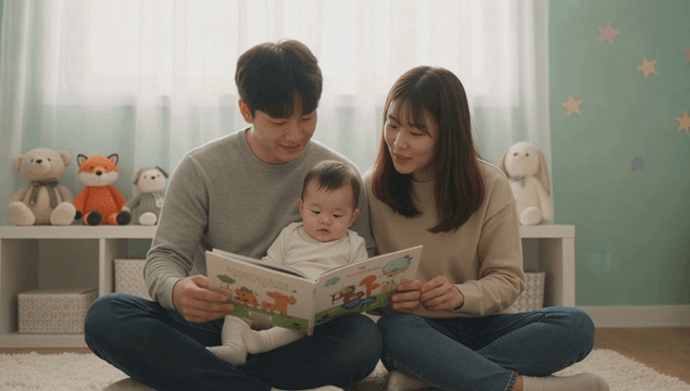 Parents reading a book to their baby in the nursery