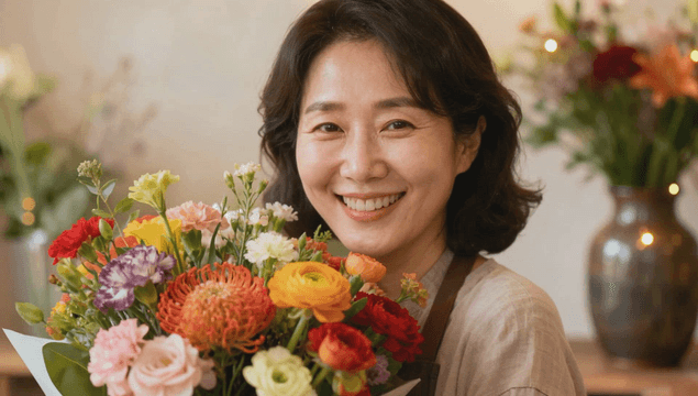 Middle-aged woman taking a selfie with a bouquet and smiling