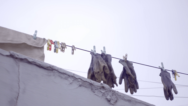 옥상 빨랫줄에 걸린 장갑