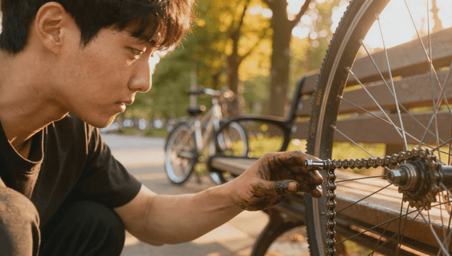 Young man fixing bicycle chain in park