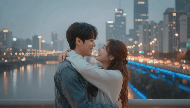 Couple hugging on river bridge between city buildings
