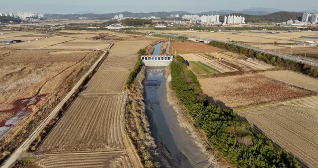 expansive farmland with a river and city