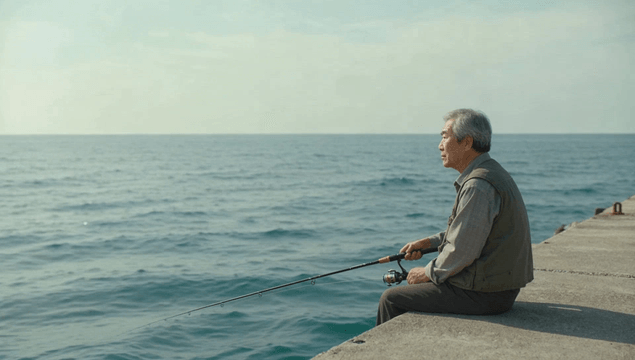 Elderly man fishing at sea