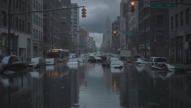 Lightning striking a flooded city street