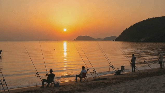 People fishing at sunset on a quiet beach