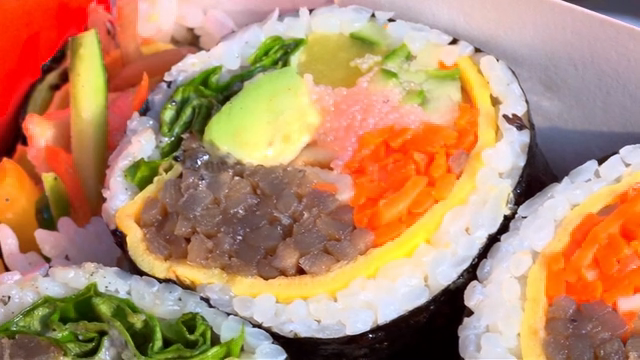 Colorful gimbap rolls with various fillings