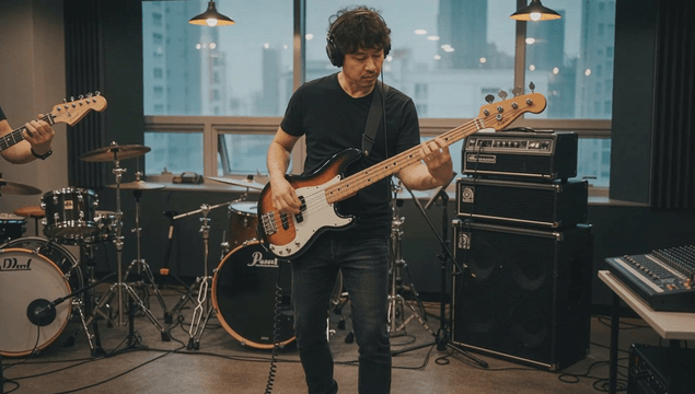Musician playing bass guitar in a studio