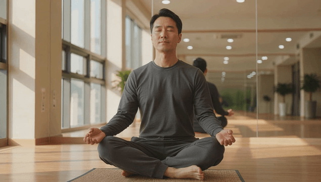 Man meditating in a bright yoga studio