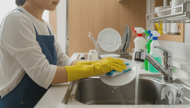 Woman washing dishes in the kitchen