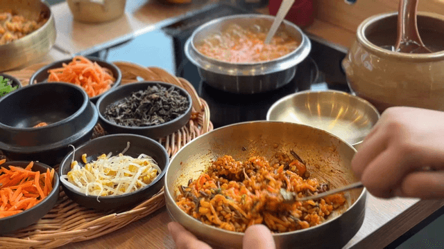 Various side dishes, bibimbap and hot doenjang stew