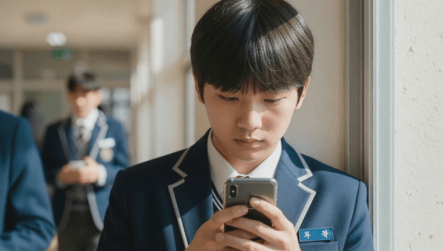 Student using a smartphone in a school hallway