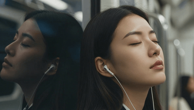 Young woman listening to music with wired earphones on subway