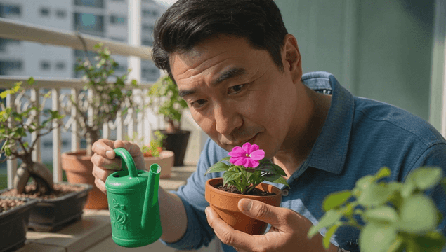 Middle-aged man watering pink flowers on balcony