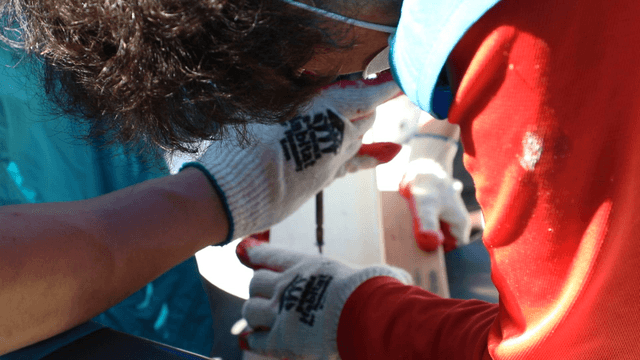 Workers assembling a wooden structure