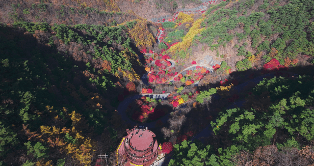 Panoramic view of the observatory, with hills and winding roads bathed in autumn colors