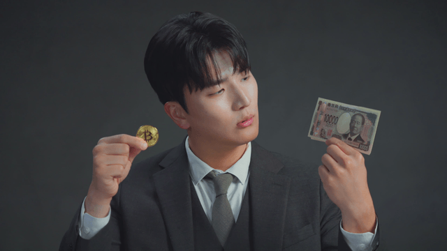 Man smiling at the Japanese yen in his hand