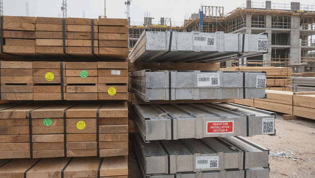 건설 현장의 목재와 금속 더미 자재들