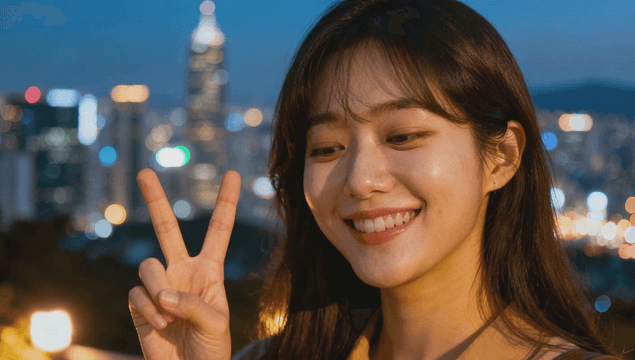 Young woman smiling and posing V in front of night city lights