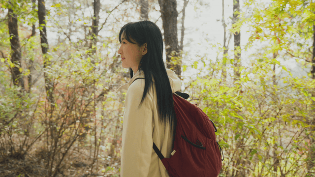 Young woman walking through sunlit autumn forest