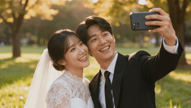 Newlyweds taking a wedding selfie in a park