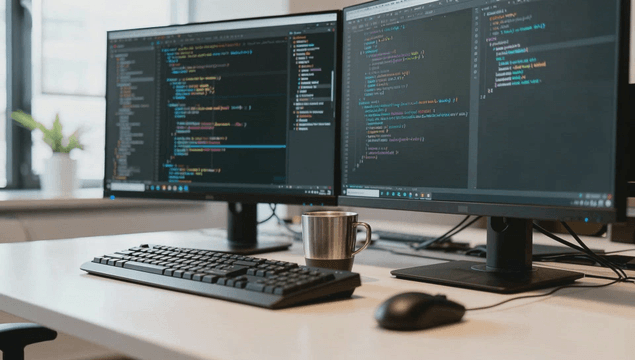 Dual monitors displaying programming code in office