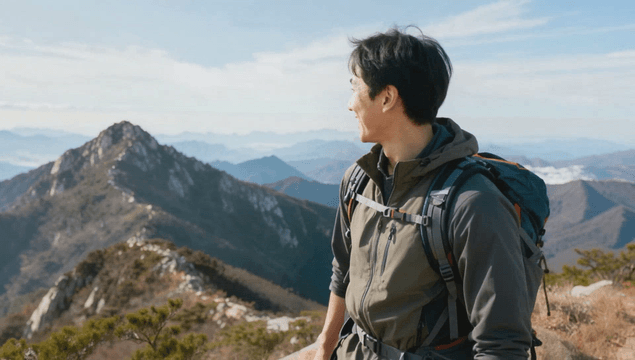 Man walking on a mountain trail at the summit