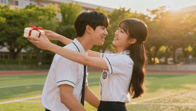 High school couple exchanging gifts on sunlit lawn
