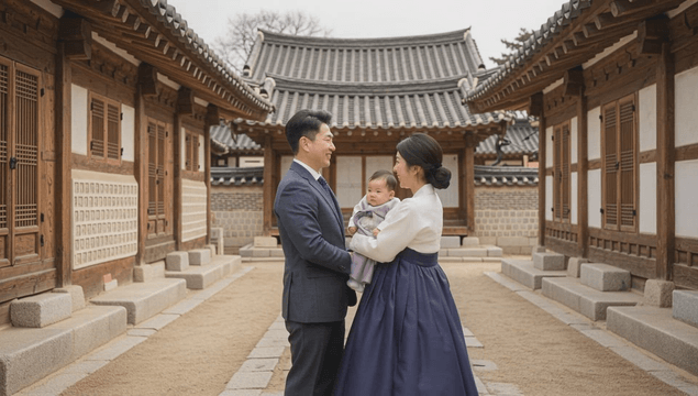 Family in traditional Korean attire