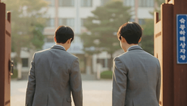 Boys shaking hands at the school gate on their way to class