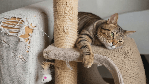 Cat resting on the scratching tower beside the sofa