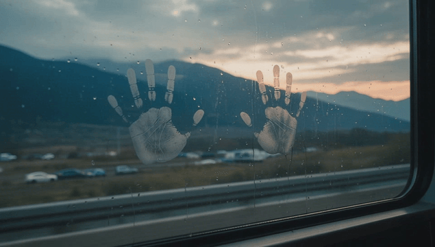 Bus window with handprint overlooking mountains