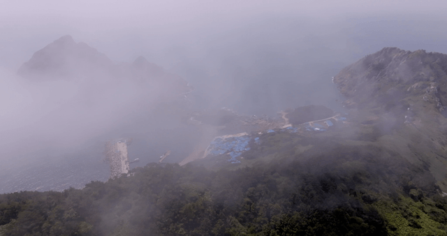A misty island with lush greenery