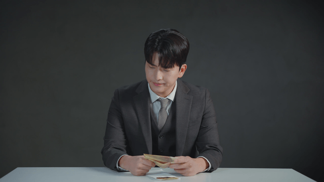 Person putting cash into an envelope with a dissatisfied expression
