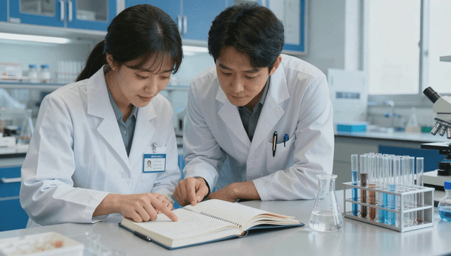 Scientists discussing research notes in a laboratory